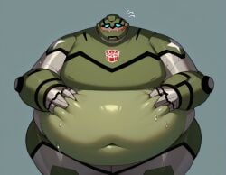 ai_generated autobot blue_eyes blush bulkhead busty_boy cybertronian embarrassed hasbro huge_belly male male_only matronai_(artist) moobs navel obese_male robot shiny_ass sweat thick_ass thick_thighs transformers transformers_animated wide_hips