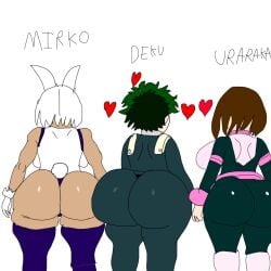 1boy 2girls ass ass_comparison ass_size_chart ass_size_difference big_ass big_breasts breasts bubble_butt canon_couple female femboy hearts_around_head huge_ass large_ass male midoriya_izuku mirko miruko my_hero_academia ochako_uraraka rumi_usagiyama sailorannie2005 thick_thighs uraraka_ochako wide_hips zuku_midoriya