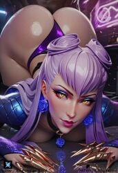 1girls ai_generated ass breasts dark-skinned_male evelynn female k/da_all_out_series k/da_series latex latex_gloves league_of_legends league_of_legends:_wild_rift male penis pornlandlord purple_hairband