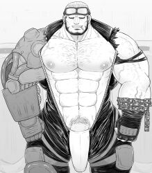 balls bara big_balls big_penis body_hair bulge clothing facial_hair flaccid jack_cayman madworld male male_only monochrome muscles muscular penis shiro_tora solo solo_male