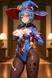 ai_generated bodysuit breasts_grab breasts_out clothing cosplay eula_(genshin_impact) front_view genshin_impact gloves hands_on_breasts looking_at_viewer medium_breasts mona_(genshin_impact)_(cosplay) pantyhose shiny_skin sweat thick_thighs tight_clothing witch_hat