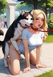 1boy 1girls ai_generated blonde_hair blue_eyes blush canine dog_collar doggy_style exhibitionism female female_on_feral feral human human_on_feral husky knotting leash male male/female male_on_human medium_breasts moaning outdoors park petite primal_urges public summer_dress watching zoophilia