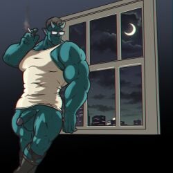 abrams_(deadlock) absurd_res big_muscles blue_body blue_skin chrm cigarette clothed clothing deadlock demon demon_humanoid eyewear garter_straps glasses grey_hair hair hi_res horn humanoid looking_down male male_only muscular night no_underwear not_furry shirt smoking solo topwear undershirt valve window