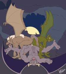 3_toes absurd_res all_fours anal ass_to_ass ass_up balls bodily_fluids brooksbro_(gargoyles) cave cross-eyed cum double_penetration entwined_tails facial_hair feet gargoyle genital_fluids genitals glowing glowing_eyes goatee green_body green_eyes green_skin group hair hi_res horn humanoid kermit_(gargoyles) long_hair looking_pleasured lying male male/male nipples nude on_back penetration perineum precum second_(gargoyles) soles spiffygreen tail tail_coil tan_body tan_skin toes tongue tongue_out trio white_hair wings
