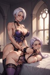 ai_generated arms_behind_back bedroom birdawg16 bondage breasts_out crossover cumming dommy_mommy isabella_valentine lezdom lezsub mommy mortal_kombat mortal_kombat_11 pounding purple_lingerie sindel smiling soul_calibur strap-on strapon tied_up white_hair yuri