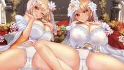 2girls aki_minoriko aki_shizuha blonde_hair cleavage hair_flower huge_breasts minoriko_aki multiple_girls one_eye_closed orange_eyes shizuha_aki short_hair shounen_(hogehoge) sisters spread_legs touhou touhou_lost_word wedding_dress white_dress white_flower white_panties