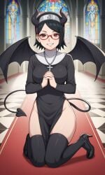 ai_generated barefoot bigmic145 black_eyes black_hair boruto:_naruto_next_generations breasts clothed clothed_female clothing corruption demon demon_girl demon_horns demon_tail demon_wings female female_only glasses high_heels medium_breasts naruto naruto_(series) nun sarada_uchiha solo solo_female succubus succubus_horns succubus_tail succubus_wings thighhighs