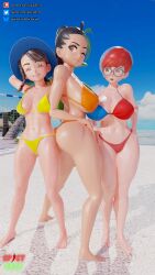 3d 3girls ass barefoot beach big_ass big_breasts big_thighs bikini breasts busty female female_only glasses huge_ass huge_breasts huge_thighs juliana_(pokemon) large_ass large_breasts large_thighs misterorzo navel nemona_(pokemon) nintendo penny_(pokemon) pokemon swimsuit thick_thighs thighs voluptuous