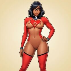 ai_generated bangs black_hair bleached brown_body brown_eyes brown_nipples brown_skin brown_skinned_female dark-skinned_female dark_skin earring earrings exposed_breasts exposed_nipples exposed_pussy eye_contact female fit fit_body fit_female getimg.ai glasses hands_on_hips kamala_khan looking_at_viewer marvel marvel_comics medium_length_hair nipples pakistani pakistani_female politics qoh queen_of_hearts raceplay red_clothing side_bangs smile south_asian tight_clothing tights