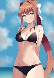 1girls bare_shoulders bikini bikini_bottom bikini_top breasts cleavage doki_doki_literature_club female_focus green_eyes long_hair monika_(doki_doki_literature_club) navel plfannatsuki swimwear very_long_hair