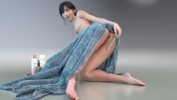 3d 3dx anus bar_of_soap barefoot black_hair blue_and_white blue_towel bottles breasts cgi cream cute digital_media_(artwork) doggy_style erect_nipples glass_dildo green_eyes griminertia looking_at_viewer looking_back looking_over_shoulder masturbation nude_female on_knees parted_bangs ponytail presenting_ass pussy reflective_floor sakirah sakirah_rodaun self_fuck shampoo_bottle simple_background sitting_on_knees smile soap solo_female towel towel_only water_drop wet_floor