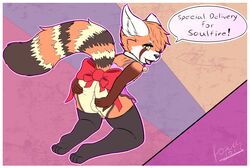 anthro anus aroused ass balls bow bow_ribbon clothed clothing collar crossdressing erection foxy101 girly hi_res in_heat legwear looking_at_viewer looking_back male mammal one_eye_closed presenting presenting_hindquarters red_panda ribbons solo spread_ass spreading toe_socks toes wink yellow_eyes