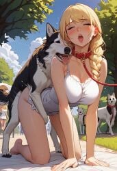 1girls ai_generated blonde_hair blush canine dog_collar doggy_style exhibitionism female female_on_feral feral human human_on_feral husky knotting leash male male/female male_on_human medium_breasts moaning outdoors park petite primal_urges public summer_dress watching zoophilia