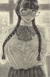 blush breasts female glasses highres hirune hirune_(imomonono) huge_breasts long_hair monochrome pencil ribbon school_uniform see-through see-through_shirt shirt sketch skirt solo twintails