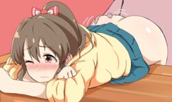 ass blush brown_hair clothed_sex doggy_style female hori_yuuko idolmaster idolmaster_cinderella_girls pink_eyes sex tagme