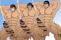 balls bara big_balls big_penis blush boner censored cum erection hands_behind_head male male_only muscles muscular nude orgasm penis sakigake!!_otokojuku shiro_tora sweat sweating togashi_genji toramaru_ryuji tsurugi_momotaru