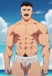 abs ai_generated bara biceps big_bulge briefs bulge daddy dilf facial_hair glutenfree_bara invincible invincible_(comics) invincible_(tv_series) male male_nipples male_only male_pubic_hair manly mature_male moustache muscular_male nipples nolan_grayson omni-man pecs penis_under_clothes underwear