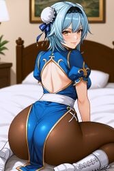 ai_generated ass ass_focus bed bun_hair chinese_clothes chun-li_(cosplay) clothing cosplay eula_(genshin_impact) genshin_impact huge_ass looking_at_viewer pantyhose shiny_skin sitting sweat thick_thighs tight_clothing