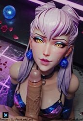 1girls ai_generated ass breasts dark-skinned_male evelynn female k/da_all_out_series k/da_series latex latex_gloves league_of_legends league_of_legends:_wild_rift male penis pornlandlord purple_hair