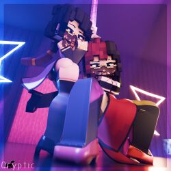 2girls 3d 3d_(artwork) black_hair charlie_kyuu_(qryptic) club dancer_outfit ellie_walls_(odysseyellie) green_eyes heels loincloth looking_at_viewer medium_breasts minecraft pole pole_dancing ponytail purple_eyes qryptic red_and_black_hair revealing_clothes smile smiling smiling_at_viewer stripper stripper_pole thick_ass thighhighs twitter_username two_tone_hair veil watermark