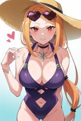 ai_generated bare_shoulders big_breasts blush blushing_at_viewer hourglass_figure long_hair looking_at_viewer one-piece_swimsuit orange_hair priscilla_barielle re:zero_kara_hajimeru_isekai_seikatsu red_eyes red_hair solo_female stable_diffusion sunhat swimsuit voluptuous_female