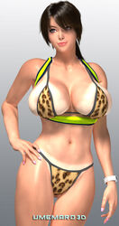 3d ass bare_shoulders belly bikini_tan bra breasts brown_eyes brown_hair cleavage curvy dark-skinned_female eyebrows female from_behind g-string hair hips huge_breasts lanyard legs leopard_print leopard_print_bikini leopard_print_bra leopard_print_g-string lipstick makeup midriff pink_lipstick ponytail shiny shoko_sugimoto shoulders simple_background smile solo sports_bra sugimoto_shouko tan tanline thighs umemaro underwear watch wide_hips