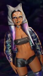 1girls 3d_(artwork) ahsoka_tano animated apulaz black_lipstick breasts_out female female_only glasses jacket jacket_open nipple_piercing orange_skin piercing solo star_wars stockings tank_top togruta