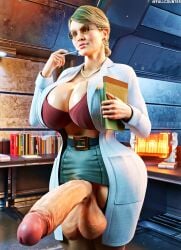 2024 3d 3d_(artwork) batman:_arkham_origins batman_(series) blonde_hair bra cleavage dc dc_comics dick dr._harleen_quinzel earrings futa_only futanari glasses harleen_quinzel injustice_2 labcoat light-skinned_futanari light_skin notepad penis solo stockings tagme testicles wet_cheetos