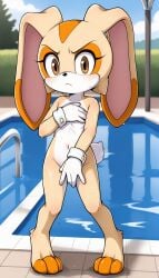 1girls 2024 ai_generated annoyed annoyed_expression brown_eyes covered_nipples covering covering_crotch cream_the_rabbit digitigrade dripping_wet female female_only gloves gloves_only hi_res looking_at_viewer nude nude_female orange_fur outdoors pool poolside rabbit sega skinny_dipping sonic_(series) sonic_the_hedgehog_(series) wet wet_body white_fur