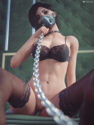 3d 3dmonte black_hair black_lingerie chained choker dominant_female female_focus green_eyes in_between_legs lace-trimmed_bra lingerie looking_at_viewer male_pov mask no_panties on_back pov pussy pussy_lips short_hair solo_female stockings valorant viper_(valorant)