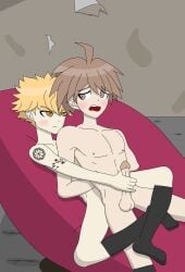 2boys bean_bag bean_bag_chair beanbag blonde_hair blush cyles_cinning danganronpa danganronpa:_trigger_happy_havoc danganronpa_ultra_despair_girls gay gay_handjob handjob legs_wrapped_around_partner male_only naegi_makoto reach_around takemichi_yukimaru tattoo yukimaru_takemichi