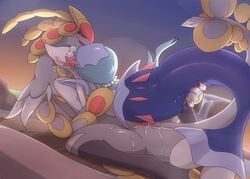 2017 2girls anthro anthro_on_anthro blush closed_eyes colored_eyelashes dragon female female_only fingering fingering_partner flippers furry hair hair_ornament interspecies kajinchu kommo-o licking long_hair lying messy nintendo on_back outside pinniped pokemon pokemon_sm primarina pussy pussy_juice saliva scalie seaside semi-anthro spread_legs spreading sweat tongue tongue_out vaginal_penetration video_games wet yuri