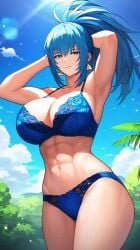 1girls ai_generated armpits artist_request background blue_bra blue_eyes blue_eyes_female blue_hair blue_hair_female blue_lingerie blue_panties bra cleavage clouds day daytime fat_ass fat_breasts fat_butt female female_only girl_only hairband hands_behind_head huge_ass huge_breasts huge_butt king_of_fighters kof large_ass large_breasts legs leona_heidern lingerie long_hair long_hair_female looking_at_viewer medium_hair medium_hair_female only_female only_girl panties remastered sexy_armpits sky snk snk_heroines:_tag_team_frenzy solo solo_female solo_focus the_king_of_fighters thick_legs thick_thighs thighs upscaled whip young young_female young_girl