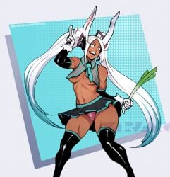 1girls blue_highlights boku_no_hero_academia bunny_ears bunny_girl cosplay dark-skinned_female dark_skin female female_only hatsune_miku_(cosplay) izra long_hair looking_at_viewer miruko my_hero_academia red_eyes rumi_usagiyama smiling smiling_at_viewer solo thick_thighs toned toned_female twintails v_sign vocaloid white_hair