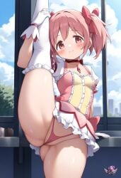 ai_generated artist_logo hair_ribbon highres madoka_kaname madoka_worship magical_girl mahou_shoujo_madoka_magica pink_eyes pink_hair puella_magi_madoka_magica red_ribbon ribbon ribbons split-color_hair standing standing_on_one_leg standing_split thick_thighs thighhighs twintails