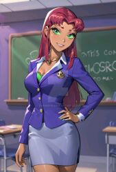 1girls 2024 ai_generated alien_girl bearhow classroom classroom_desk cleavage clothed clothed_female dc dc_comics deviantart deviantart_link deviantart_logo deviantart_username female fully_clothed fully_clothed_female green_eyes hand_on_hip heroine koriand'r long_hair long_sleeves pencil_skirt purple_clothing red_hair skirt smile smiling solo solo_female starfire superheroine teacher teacher_outfit teen_titans