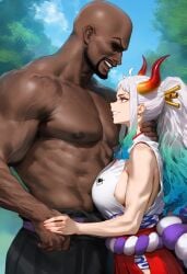 ai_generated dark-skinned_male female hand_on_neck horns interracial male mikayori one_piece size_difference yamato_(one_piece)