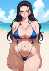 1girls ai_generated amiral_ai bare_arms bare_legs bare_shoulders bare_thighs beach big_breasts bikini bikini_bottom bikini_top black_hair blue_eyes clothed clothing color female female_focus female_only hi_res large_breasts light-skinned_female light_skin long_hair looking_at_viewer nico_robin one_piece sand sea shounen_jump solo solo_female tagme thick_thighs water