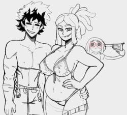 1boy 2024 2girls black_and_white bra child_bearing_hips gun hand_on_ass hand_on_hip heavily_pregnant huge_breasts izuku_midoriya large_breasts leaking_milk looking_at_viewer mei_hatsume milf monochrome my_hero_academia ntr ochako_uraraka ponytail pregnant ragingbarbarians ready_to_pop ring_(jewelry) scar scars smile stupid suicide tears unusual_pupils wide_hips