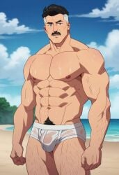 abs ai_generated bara biceps big_bulge briefs bulge daddy dilf facial_hair glutenfree_bara invincible invincible_(comics) invincible_(tv_series) male male_nipples male_only male_pubic_hair manly mature_male moustache muscular_male nipples nolan_grayson omni-man pecs penis_under_clothes underwear