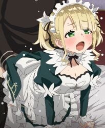 1boy all_fours blonde_hair breasts cleavage clothed_sex commentary_request doggy_style ellie_walker female green_eyes koujo_denka_no_katei_kyoushi large_breasts maid maid_headdress open_mouth sex sex_from_behind short_hair solo_focus straight sweat tomu_(tomubobu)