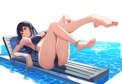 1girls ai_generated anklet ass ass_focus bare_arms bare_legs bare_midriff bare_shoulders bare_thighs barefoot bikini black_hair blue_eyes clothed eyelashes feet feet_up full_body legs legs_up long_hair long_legs looking_at_viewer lying lying_on_back medium_breasts nail_polish original original_character pool poolside shiny_skin smile smiling smiling_at_viewer sweat sweatdrop sweating thighs wet_clothes white_background yeyehuh