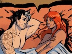 1boy 1girls after_sex artemis_(dc) artemis_of_bana-mighdall batman_(series) dc dc_comics duo duo_focus female ginger green_eyes in_bed jason_todd looking_at_partner male muscular muscular_male red_hair red_hood_(dc) red_hood_and_the_outlaws shirtless shirtless_male straight suggestive tattoo topless under_sheets webtoon