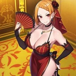 ai_generated bare_shoulders big_breasts holding_object orange_hair priscilla_barielle re:zero_kara_hajimeru_isekai_seikatsu red_eyes red_hair royal solo_female tight_clothing tight_fit voluptuous_female wide_hips