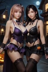 2girls ai_generated big_breasts corset_dress dead_or_alive dead_or_alive_xtreme_venus_vacation final_fantasy_vii halloween halloween_2024 halloween_accessory halloween_costume halloween_decoration honoka_(doa) hourglass_figure hug_from_side huge_breasts lace_stockings looking_at_viewer moon night public pumpkin_accessory rekcah_mhf revealing_clothes ribbon_choker short_skirt smile standing_pose street tifa_lockhart