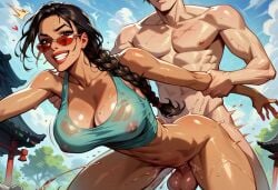 1boy 1girls ai_generated arm_grab athletic_female doggystyle_position dominant_female from_behind human japan lara_croft large_ass large_breasts large_penis large_testicles light-skinned_female light-skinned_male looking_over_eyewear looking_over_sunglasses older_female partially_clothed precum pussy_juice pussy_juice_drip sex standing_sex sunglasses tan_skin tinted_eyewear tomb_raider younger_male