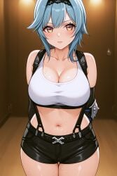 ai_generated arms_behind_back breasts clothing cosplay eula_(genshin_impact) front_view genshin_impact huge_breasts medium_breasts shiny_skin shorts sweat thick_thighs tifa_lockhart_(cosplay) tight_clothing