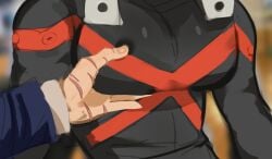 big_chest big_muscles chest_grab dressed hero_outfit_(mha) hero_suit izuku_midoriya katsuki_bakugou male male_only my_hero_academia no_visible_face scars scars_on_hand