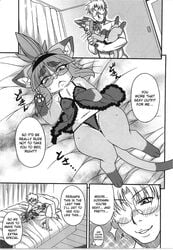 anthro blush clothing comic english_text eyewear feline feline female glasses greyscale heart human human_on_anthro interspecies lingerie male mammal midori_(nakagami_takashi) monochrome nakagami_takashi nipples penis tagme text