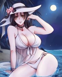 alluring beach bikini black_hair breasts brown_eyes cleavage female hat in_water jun_kazama kazama_jun large_breasts milf namco night sin.(artist) sun_hat swimsuit tekken tekken_2 tekken_8 tekken_tag_tournament tekken_tag_tournament_2